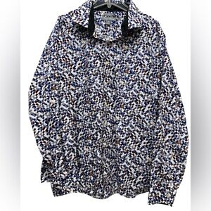 PAULO SOLARI MODERN FIT BUTTON SHIRT, "TECHY" PRINT BLUE MULTI ON WHITE, SZ 3X